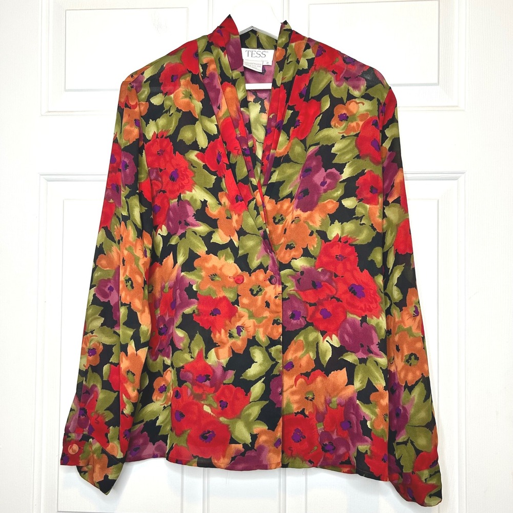 TESS Vintage Floral Print Button Front Long‎ Sleeve Blouse Top Size 8